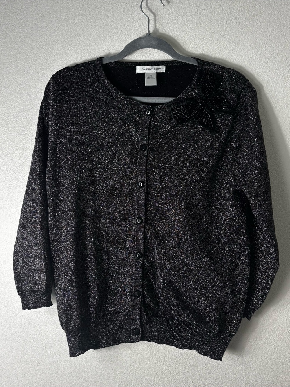 August Silk Metallic Cardigan Black Beaded Bow XL
